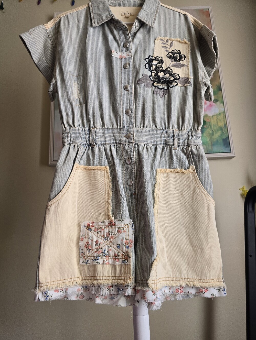 POL Striped Denim Patchwork Floral Embroidered Utility Romper Small NWOT - Picture 5 of 6